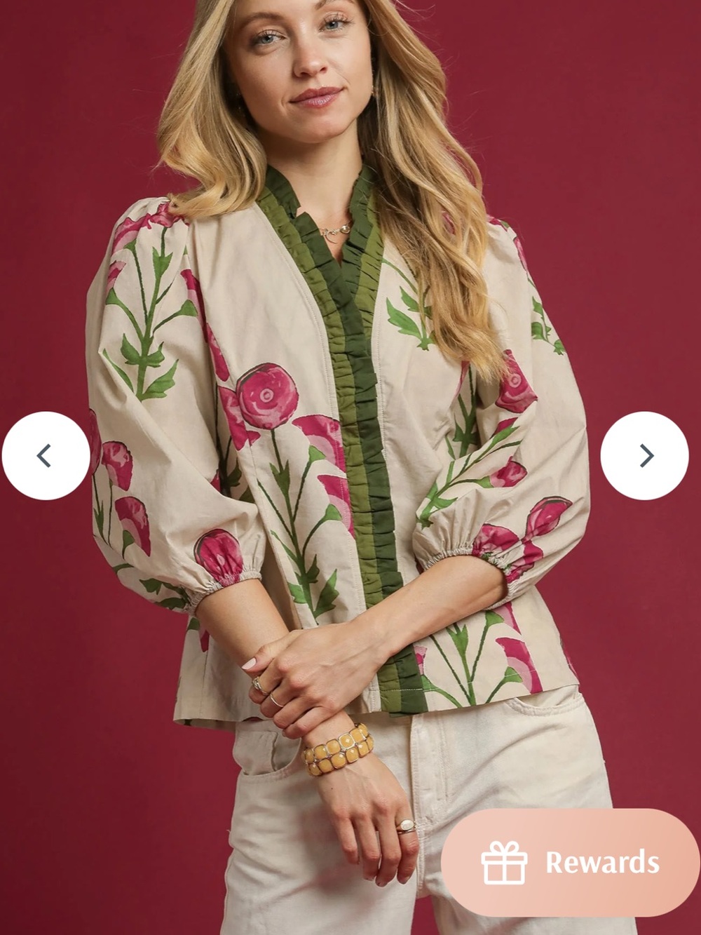 Floral Print Romantic Blouse Green Ruffle Trim Tulip Flower S NEW UMGEE Cream
